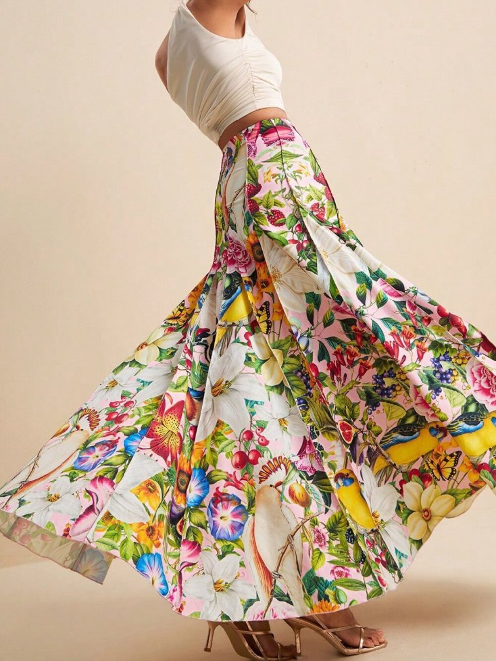 Multicolor Boho Women's Tropical Floral Allover Print Pleated Skirt - Picture 6 of 8